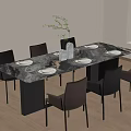 Modern Dining Table Set With Marble Top Six Chairs Tableware Vase And Green Plant