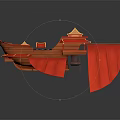 Red Chinese Traditional Architecture Styled Spacecraft With Multi Layered Pavilion Design For Cosmic Exploration