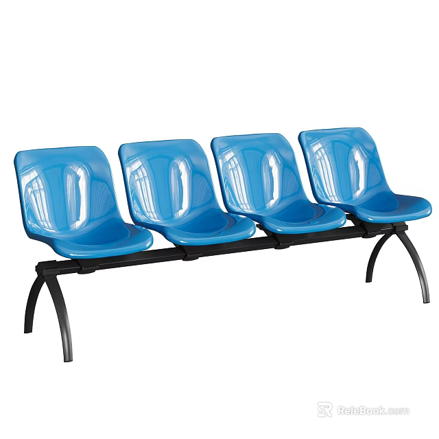 Blue Connected Four Seat Public Chair with Black Metal Frame for Waiting Area 3d model 