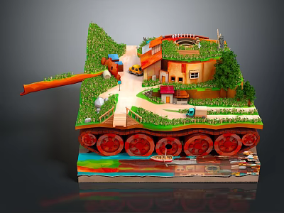Cartoon Scene Featuring 3D Model Green Grass Small Houses Pathway Trees And Red Wheels 3d model