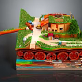 Cartoon Scene Featuring 3D Model Green Grass Small Houses Pathway Trees And Red Wheels