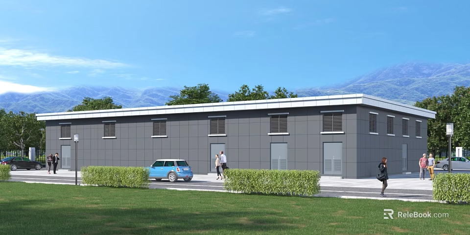 Modern Industrial Factory Building Exterior With Gray Walls Green Bushes Workers Walking And Blue Car 3d model 