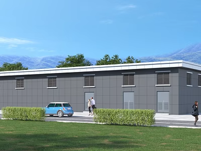Modern Industrial Factory Building Exterior With Gray Walls Green Bushes Workers Walking And Blue Car 3d model