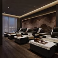 Modern SPA Sauna Interior With Dark Wooden Walls Red Lighting And Relaxation Beds