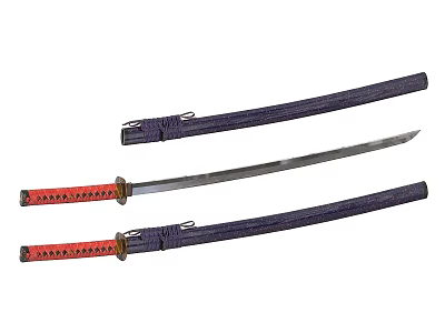 Traditional Japanese Samurai Swords with Purple Sheaths and Red Handles 3d model