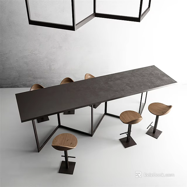 Modern Bar Counter With Long Black Countertop Metal Legs And Wooden Bar Stools Gray Wall White Floor 3d model 