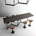 Modern Bar Counter With Long Black Countertop Metal Legs And Wooden Bar Stools Gray Wall White Floor