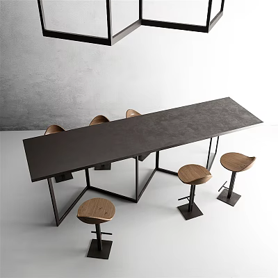 Modern Bar Counter With Long Black Countertop Metal Legs And Wooden Bar Stools Gray Wall White Floor 3d model