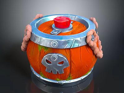 Orange Decorative Barrel With Silver Rim Red Top Skull Design And Pink Rope 3d model