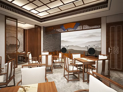 Traditional Chinese Teahouse Interior With Wooden Furniture And Landscape Painting Decor 3d model