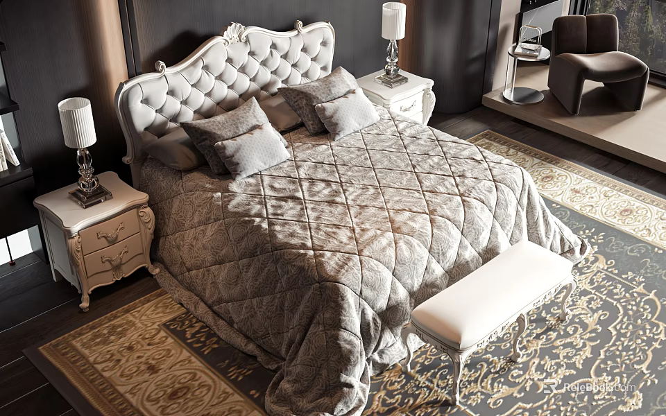 Elegant Double Bed With Tufted Headboard Quilted Bedspread Bedside Lamps Ornate Rug And White Bench 3d model 