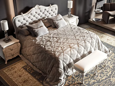 Elegant Double Bed With Tufted Headboard Quilted Bedspread Bedside Lamps Ornate Rug And White Bench 3d model