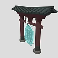 Traditional Entrance Gate With Black Tile Roof Red Pillars White Plaque And Circular Blue Ornament