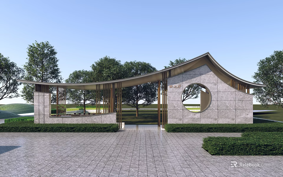 Modern Pergola with Curved Roof Circular Window Design Surrounded by Greenery Trees on Stone Pavement 3d model 