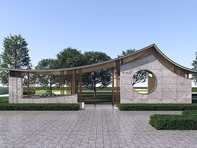 Modern Pergola with Curved Roof Circular Window Design Surrounded by Greenery Trees on Stone Pavement 3d model