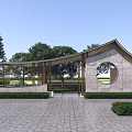 Modern Pergola with Curved Roof Circular Window Design Surrounded by Greenery Trees on Stone Pavement