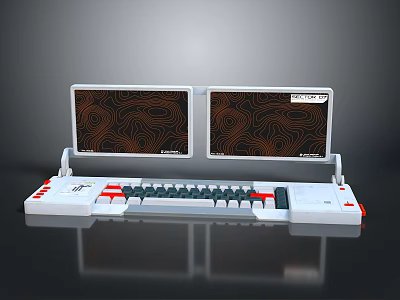 Retro Dual Screen Console With Brown Wavy Patterns And Red White Keyboard 3d model
