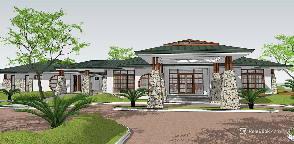 Detached Villa Exterior With Green Roof Stone Pillars And Palm Trees 3d model 