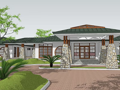 Detached Villa Exterior With Green Roof Stone Pillars And Palm Trees 3d model