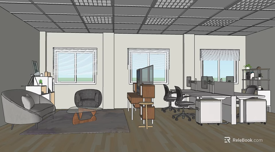 Public Office Space With Desks Computers Ergonomic Chairs And Comfortable Seating Area 3d model