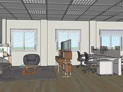 Public Office Space With Desks Computers Ergonomic Chairs And Comfortable Seating Area 3d model