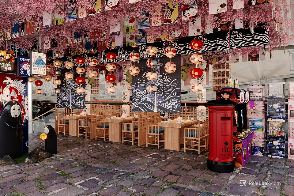 Japanese Restaurant With Traditional Cherry Blossom Decorations Hanging Lanterns Wooden Tables Chairs and Red Postbox 3d model 
