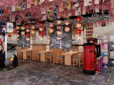 Japanese Restaurant With Traditional Cherry Blossom Decorations Hanging Lanterns Wooden Tables Chairs and Red Postbox 3d model
