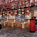 Japanese Restaurant With Traditional Cherry Blossom Decorations Hanging Lanterns Wooden Tables Chairs and Red Postbox