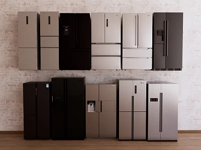 Various Design Refrigerators and Freezers in Black Silver White Colors on 3d model