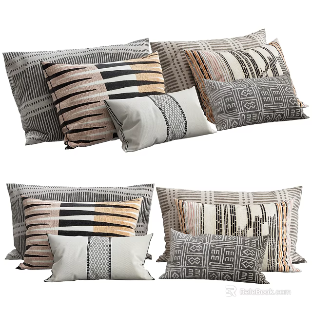 Decorative Modern Throw Pillows with Striped and Geometric Patterns in Neutral Colors 3d model 