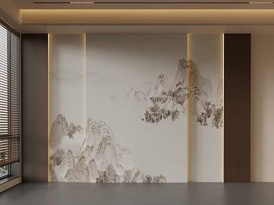 Chinese Modern Background Wall With Landscape Painting LED Strip Lighting And Wooden Panels 3d model