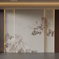 Chinese Modern Background Wall With Landscape Painting LED Strip Lighting And Wooden Panels