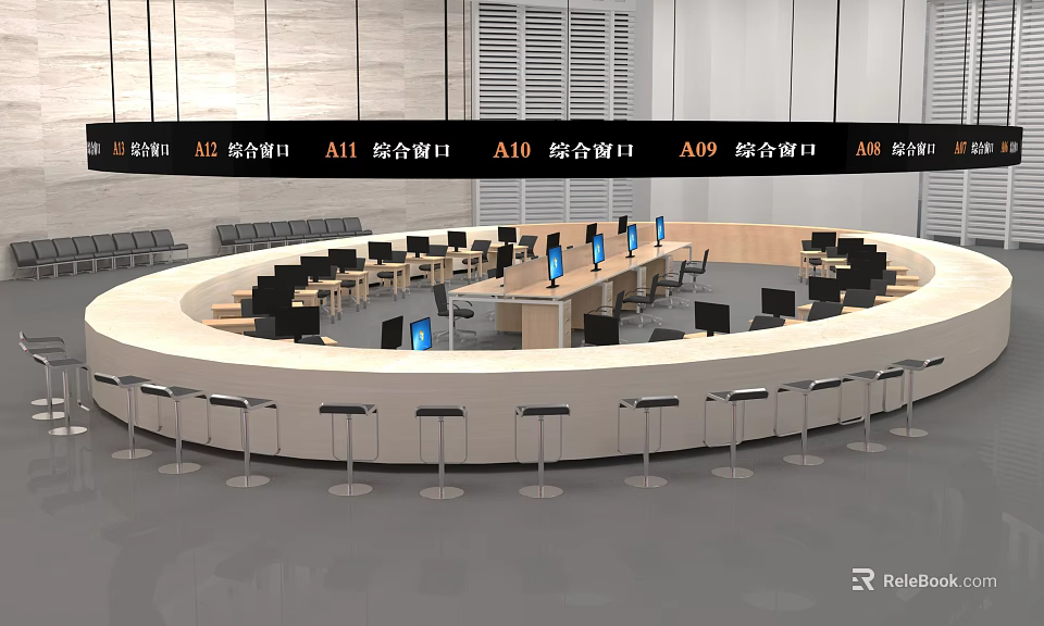 Comprehensive Service Modern Circular Reception Desk With Multiple Service Counters In Office Environment 3d model 