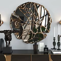 Modern Console Cabinet With Black Gold Accents Decorative Mirror Wall Sconces And Sculptures