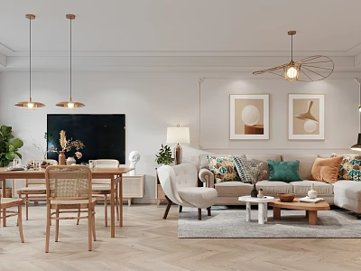 Cozy Living and Dining Room Interior Design With Wooden Table Rattan Chairs And Sofa Pillows 3d model