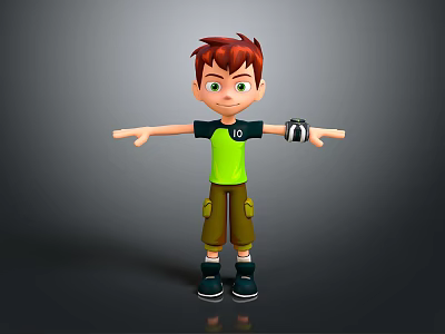 Game Movie Character Red Haired Boy in Green T-Shirt with Wrist Device Standing Arms Outstretched 3d model