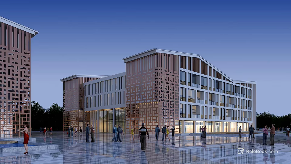 Modern School Building Exterior With Perforated Brown Facade And People In Plaza Area 3d model 