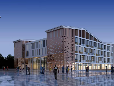 Modern School Building Exterior With Perforated Brown Facade And People In Plaza Area 3d model