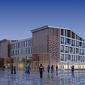 Modern School Building Exterior With Perforated Brown Facade And People In Plaza Area