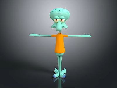 Squidward Tentacles 3D Animated Character With Light Green Body Orange T-Shirt And Outstretched Arms 3d model