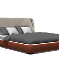 Stylish Double Bed With White Quilted Headboard Brown Frame And Dark Gray Mattress