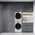 Home Balcony Modern Laundry Space With Stacked Washer Dryer Gray Cabinets And Sink