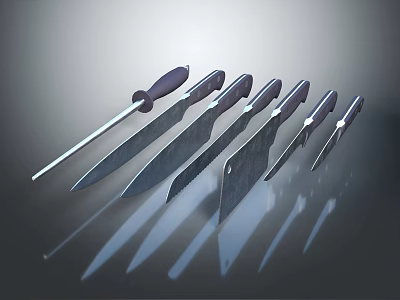 Set of Various Sharp Kitchen Knives with Dark Handles Arranged Neatly 3d model