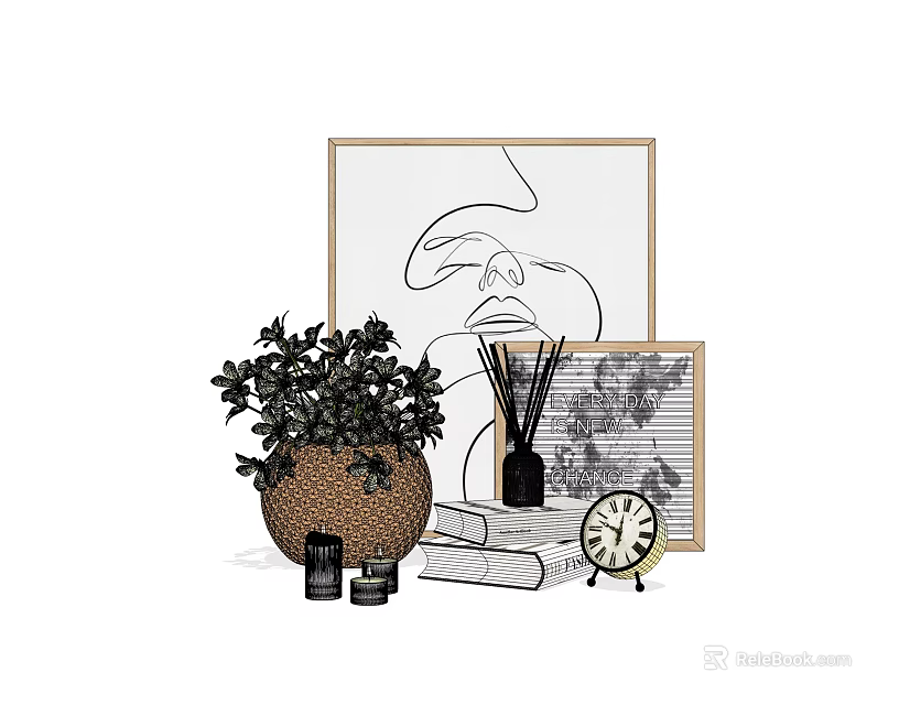 Decorative Ornament Set With Potted Plant Abstract Line Art Diffuser Bottle Book And Clock 3d model 