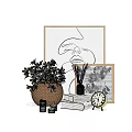 Decorative Ornament Set With Potted Plant Abstract Line Art Diffuser Bottle Book And Clock