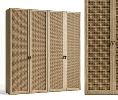Modern Four Door Wardrobe With Wooden Frame And Rattan Panel Doors In Bedroom 3d model