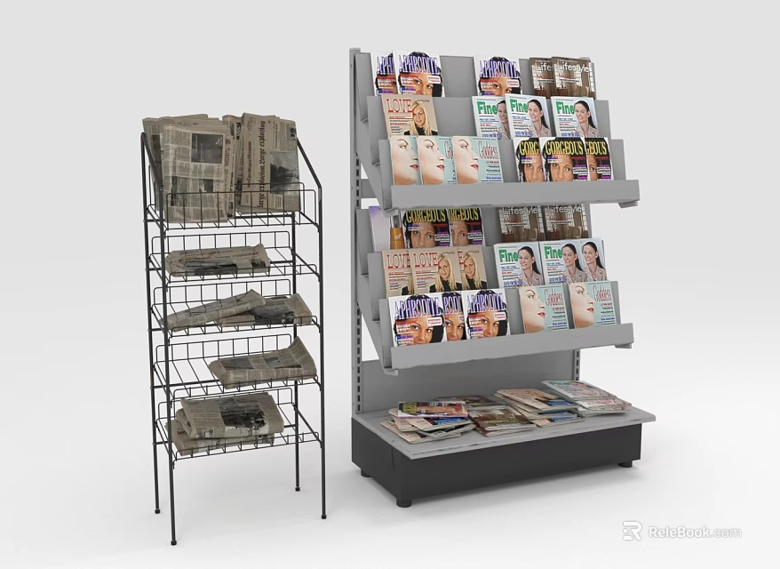Organized Multi Layer Retail Display Shelves Stocked With Newspapers And Magazines 3d model 