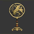 Golden Decorative Armillary Sphere With Brown Marble Base And Ornate Details