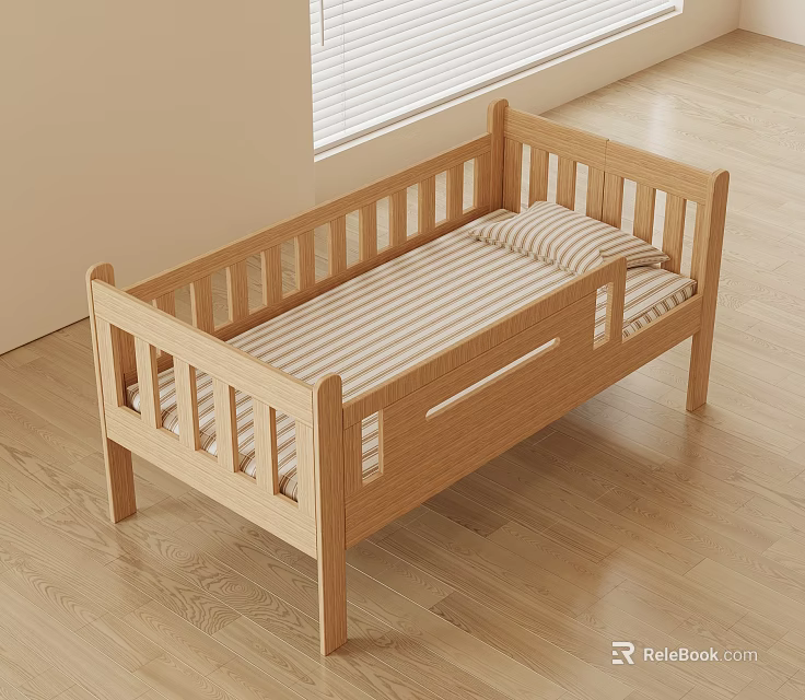 Wooden Baby Crib With Simple Design And Striped Mattress In Bright Room 3d model 