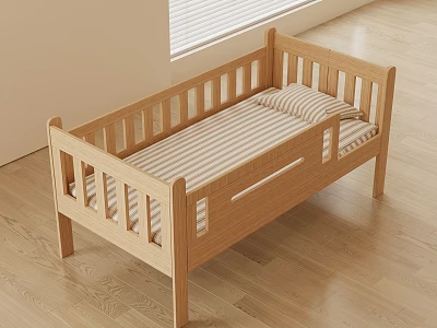 Wooden Baby Crib With Simple Design And Striped Mattress In Bright Room 3d model